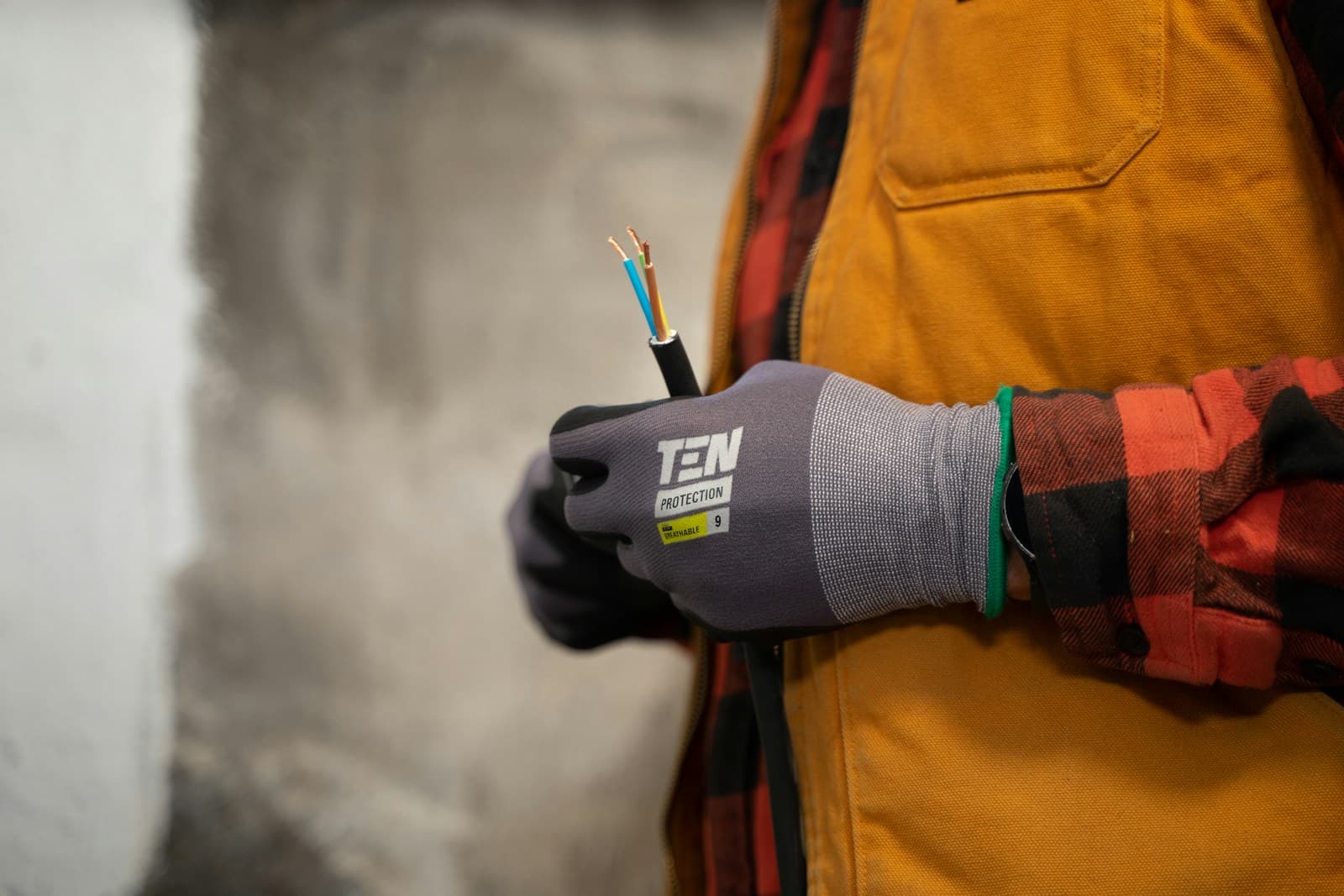 Behandschuhte Hand hält ein abisoliertes dreiadriges Kabel vor eine Putzwand.
